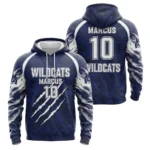 A product image of a Wildcats flag football hoodie, with a blue camo and claw mark design, showcasing the front and back views with name and number.