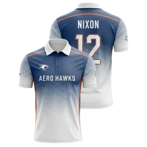 A product image of a custom Aero Hawks polo shirt with a navy blue and white speckle fade design, shown from the front and back.