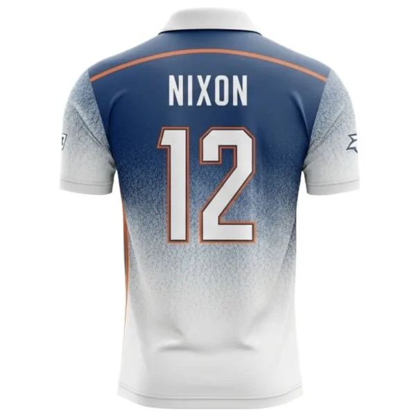 Back view of a navy blue and white polo shirt with a speckle fade, the name "NIXON," and the large number 12.