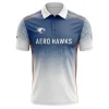 Front view of a navy blue and white polo shirt for the Aero Hawks, featuring a speckle fade from blue to white and the number 12.