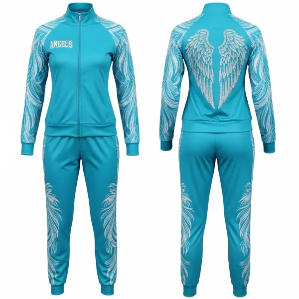 Full-body image showing the aqua blue Angels tracksuit, which features white feather wing designs down the sleeves and pants, plus a prominent wing graphic on the back of the jacket.