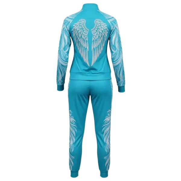 Back view of the aqua blue cheer jacket, showcasing a magnificent, large set of white feathered wings graphic covering the entire upper back.