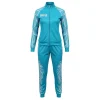 Front view of an aqua blue women's warm-up suit with a full-zip jacket and joggers, featuring "ANGELS" on the chest and white stylized feather prints on the sleeves.