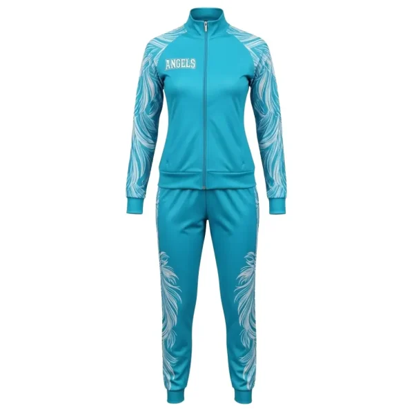 Front view of an aqua blue women's warm-up suit with a full-zip jacket and joggers, featuring "ANGELS" on the chest and white stylized feather prints on the sleeves.