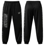Front and back of black warm-up jogger pants with "STARS" graphics and dark gray geometric side stripes, ideal for team apparel.