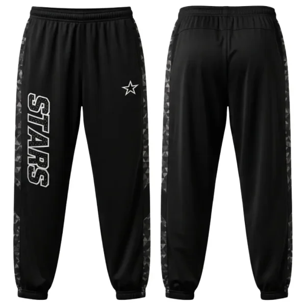 Front and back of black warm-up jogger pants with "STARS" graphics and dark gray geometric side stripes, ideal for team apparel.