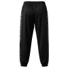 Back view of the black athletic pants detailing the dark gray and black geometric side panel pattern that runs from the hip to the ribbed cuff.