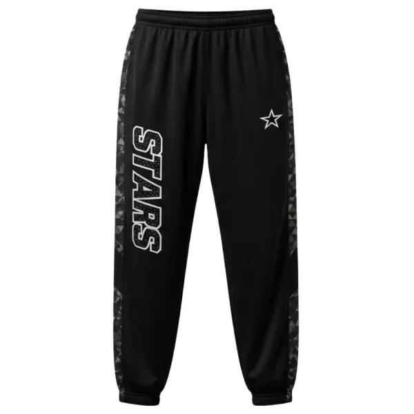 Front view of black warm-up pants with an elastic waistband, featuring a white and black outlined "STARS" logo on the left leg and a subtle geometric camo print on the side stripes.