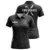 A product image of a custom black women's golf polo shirt for the Fork & Knives team, shown from the front and back.