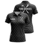A product image of a custom black women's golf polo shirt for the Fork & Knives team, shown from the front and back.