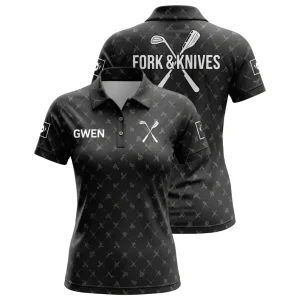 A product image of a custom black women's golf polo shirt for the Fork & Knives team, shown from the front and back.