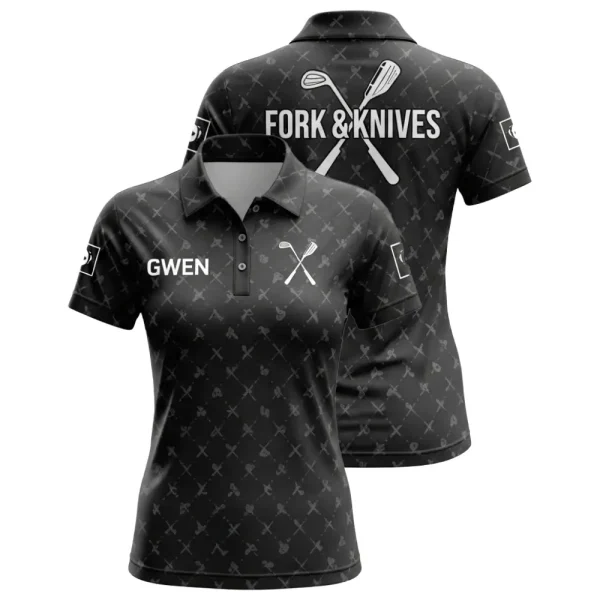 A product image of a custom black women's golf polo shirt for the Fork & Knives team, shown from the front and back.