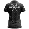 Back view of a black women's polo shirt with the text "FORK & KNIVES" and a logo of crossed golf clubs.