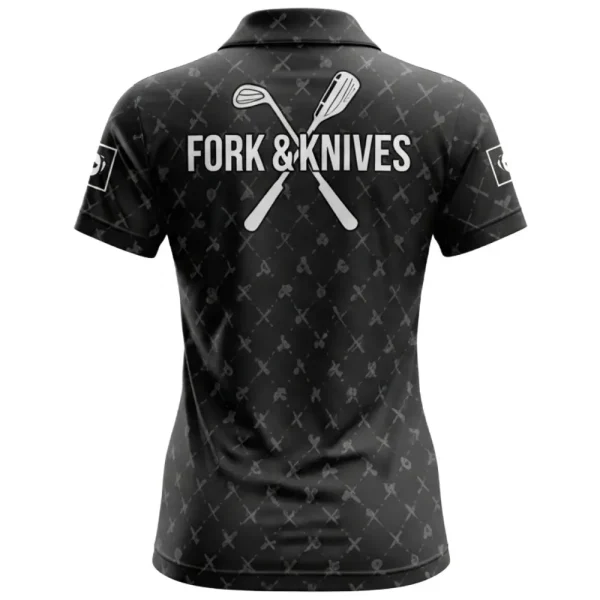 Back view of a black women's polo shirt with the text "FORK & KNIVES" and a logo of crossed golf clubs.
