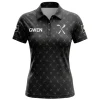 Front view of a women's black golf polo shirt with a subtle pattern of crossed forks and knives, and the name "GWEN" on the chest with a logo.
