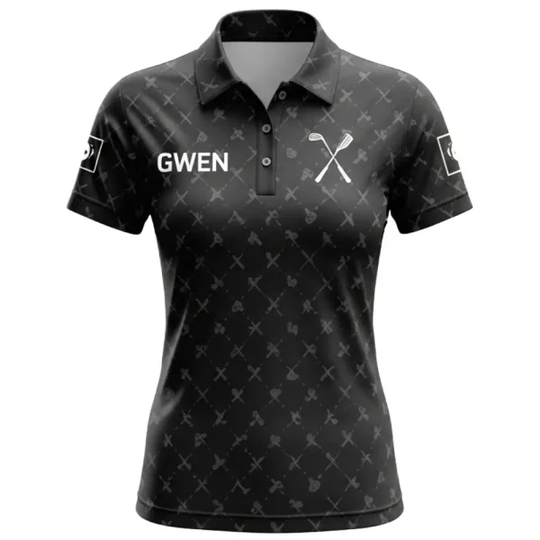 Front view of a women's black golf polo shirt with a subtle pattern of crossed forks and knives, and the name "GWEN" on the chest with a logo.