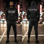 Front and back views of a premium black streetwear sweatsuit, highlighted by rhinestone graphics on the front ('DIVINE') and a star pattern and 'SCATTER' lettering on the reverse of the hooded top.