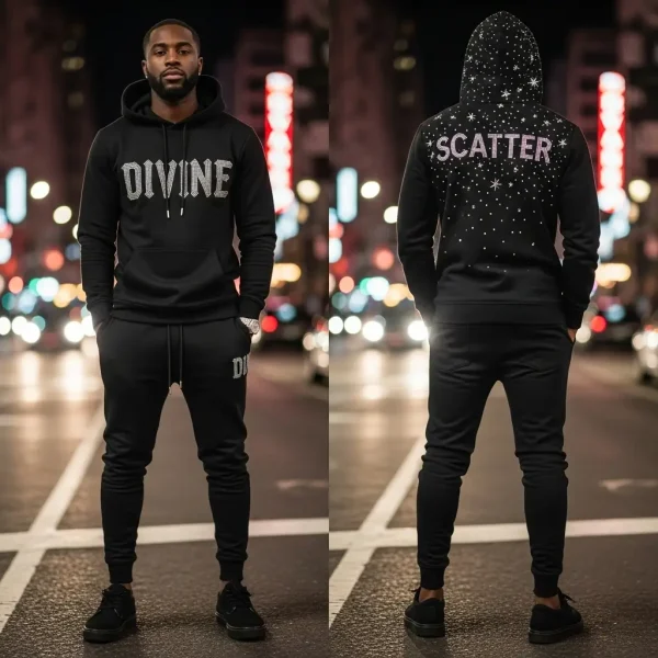 Front and back views of a premium black streetwear sweatsuit, highlighted by rhinestone graphics on the front ('DIVINE') and a star pattern and 'SCATTER' lettering on the reverse of the hooded top.