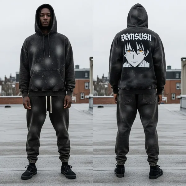 Full product display showing the front and back of a rugged black stone-wash sweatsuit, featuring a distressed finish and a prominent anime graphic print on the reverse of the hoodie.