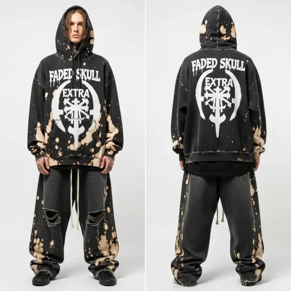A full oversized, bleach-dyed black sweatsuit with deliberately torn knees, featuring grunge-style white screen-printed skull and text graphics.