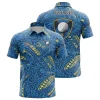 A product image of a custom golf polo shirt for the Blue Aces with a blue and yellow tribal pattern, shown from the front and back.