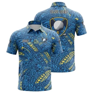 A product image of a custom golf polo shirt for the Blue Aces with a blue and yellow tribal pattern, shown from the front and back.
