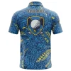 Back view of a blue golf polo shirt with an intricate yellow and blue tribal pattern and a large "Blue Aces" logo.