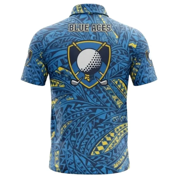 Back view of a blue golf polo shirt with an intricate yellow and blue tribal pattern and a large "Blue Aces" logo.