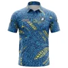 Front view of a blue and yellow custom golf polo shirt with a bold tribal pattern, the name "JHON," and a "Blue Aces" logo.
