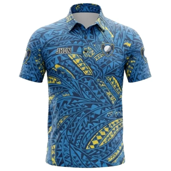 Front view of a blue and yellow custom golf polo shirt with a bold tribal pattern, the name "JHON," and a "Blue Aces" logo.