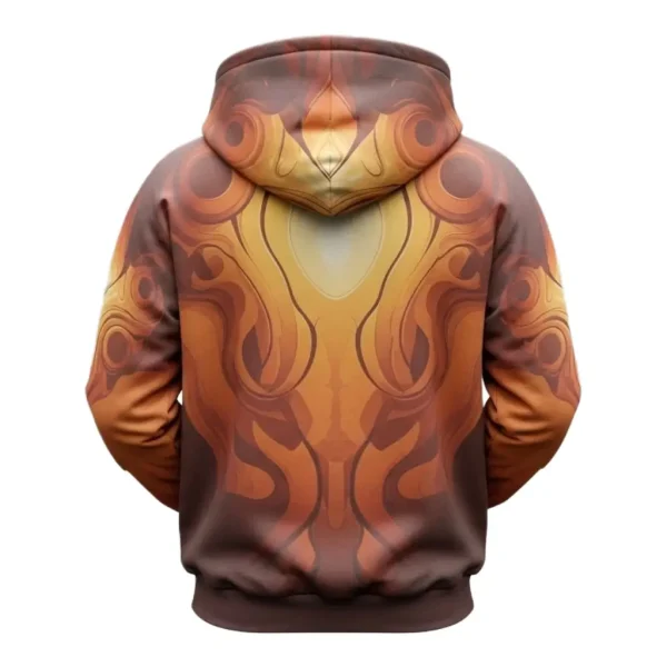 Rear of the hoodie, displaying the continuous intricate, symmetrical abstract print in warm earth tones across the back panel and hood.