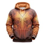 Front of a pullover hoodie with an all-over sublimation print featuring a complex, abstract design of organic, geometric shapes in shades of brown and orange.