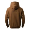 Back view of the solid brown hoodie, highlighting a small, subtle tonal mountain peak emblem embossed near the neckline.