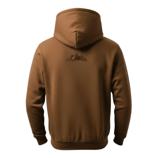 Back view of the solid brown hoodie, highlighting a small, subtle tonal mountain peak emblem embossed near the neckline.