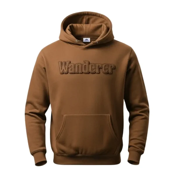 Front of a rich brown pullover hoodie with a large, tonal, embossed "Wanderer" text graphic across the chest.