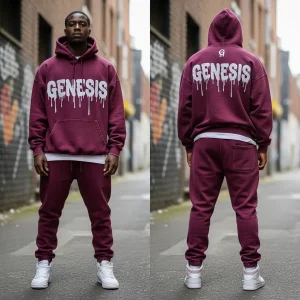 Front and back of a streetwear-style acid washed burgundy sweatsuit, including a drawstring hoodie and sweatpants with bold, white dripping graphic print.
