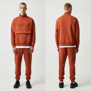 A modern burnt orange loungewear set, consisting of a mock-neck sweatshirt with an embossed "HUMAN" logo and matching tapered jogger pants.