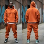 The front and back of the heavyweight burnt orange track suit, which features matching puff printed logos on both the hooded top and the jogger-style bottoms for a cohesive streetwear look.