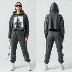 A woman wearing a charcoal gray sweatsuit with a photorealistic black and white graphic on the cropped hoodie and matching cuffed joggers.