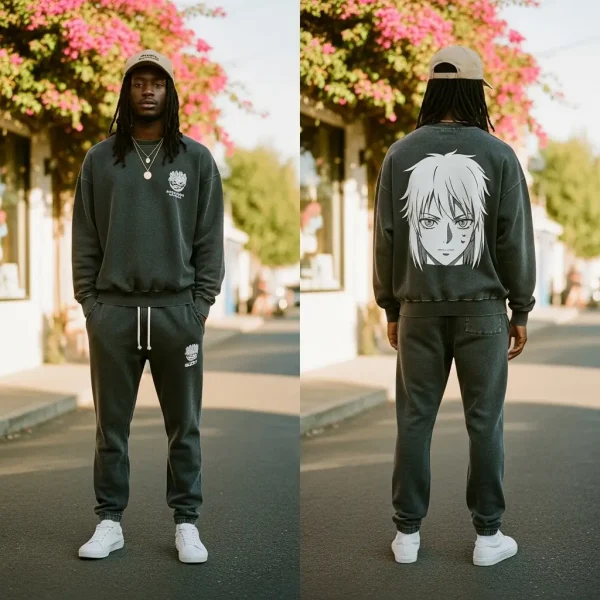A model wearing a stone-washed charcoal sweatsuit, showing the front with a subtle logo and the back with a large anime character print, suitable for streetwear and comfort.