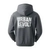 Rear of the grey hoodie, showcasing a bold, large white 'URBAN REVOLT' graphic with vertical line detailing on the back panel.
