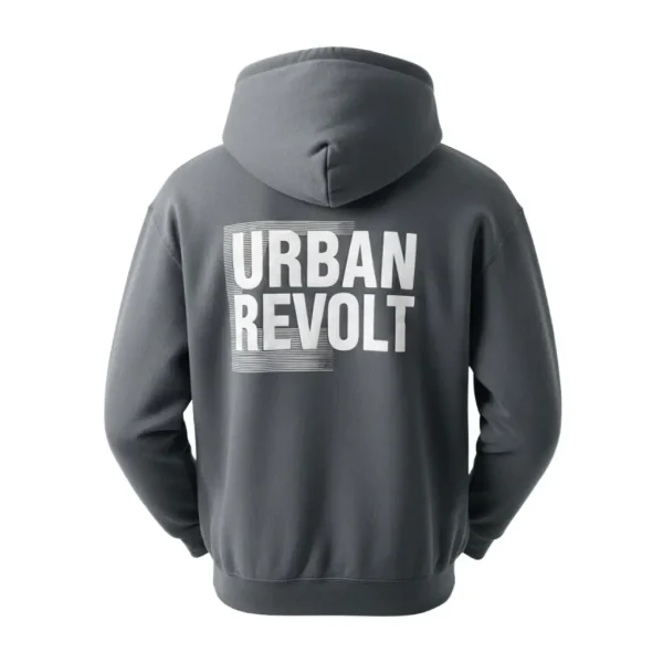 Rear of the grey hoodie, showcasing a bold, large white 'URBAN REVOLT' graphic with vertical line detailing on the back panel.