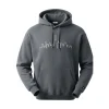 Front view of a charcoal grey pullover hoodie featuring a thin white line art graphic of a city skyline across the chest.