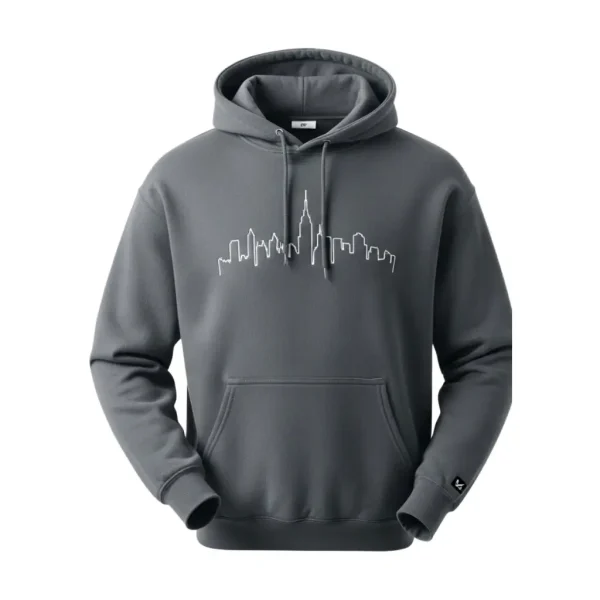 Front view of a charcoal grey pullover hoodie featuring a thin white line art graphic of a city skyline across the chest.