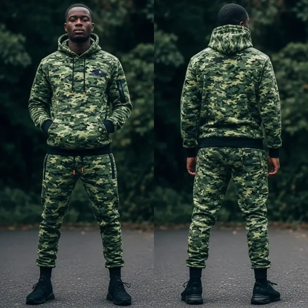 Front and back views of a comfortable hooded sweatsuit featuring a classic green woodland camouflage print with black trim and ribbed cuffs.