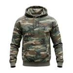 Front view of an oversized pullover hoodie in a classic green and brown woodland camouflage pattern, featuring a front kangaroo pocket and drawstring hood.