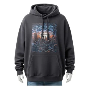 Front of an oversized dark charcoal grey hoodie featuring a large, colorful, vibrant cityscape graphic with stylized font.