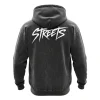 Rear view of the grey vintage-wash pullover, highlighting the large, striking white graphic that spells out 'STREETS' in a stylized script across the shoulders.
