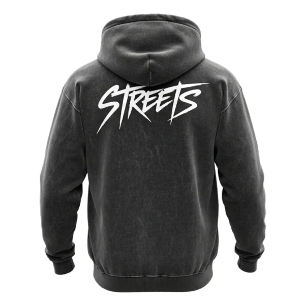 Rear view of the grey vintage-wash pullover, highlighting the large, striking white graphic that spells out 'STREETS' in a stylized script across the shoulders.