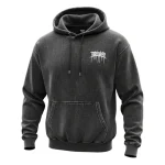 Front of a faded, dark grey hoodie with a vintage-wash finish, featuring a small white logo graphic with the text 'THRIVER' on the chest.